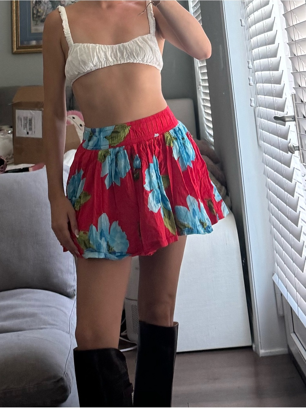 Hollister Red Floral Mini Skirt with Blue Floral Print